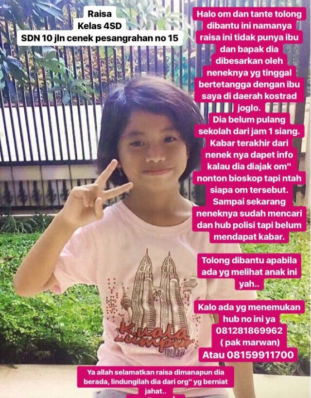Info Anak Hilang:
Apabila melihat &amp; menemukan anak tsb bisa hubungi kantor Polisi terdekat.