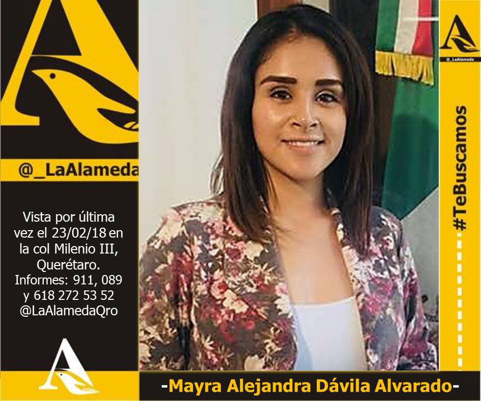LaAlamedaQro's tweet photo. #TeBuscamos Mayra Alejandra Dávila Alvarado, vista por última vez el 23/02/18 en #Querétaro Inf 911 y 6182725352 @FrenteSororidad
#MayraTeEstamosBuscando @AYUDA_QRO @qro_obj @viloja @qe https://t.co/YtZrLSSFVi