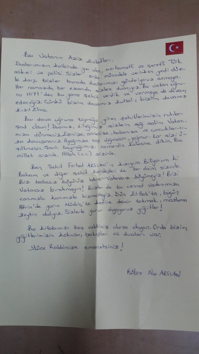 Tumyad4's tweet photo. Mehmetciğe Moral olsun diye Başlattıgımız kampanyaya Şehidimizin kızı Kübra Nur Arslanda Destek olmuştur .Evvelce Gidenlere Selam Olsun. https://t.co/uc0vb7BO28