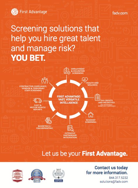 firstadvantage's tweet photo. Screening solutions that help you hire great talent and manage risk? YOU BET | Let us be your #firstadvantage Look for our #ad in this month's @HRExecMag #Hiring #HRTech #BackgroundChecks https://t.co/DhmOaw8bSE