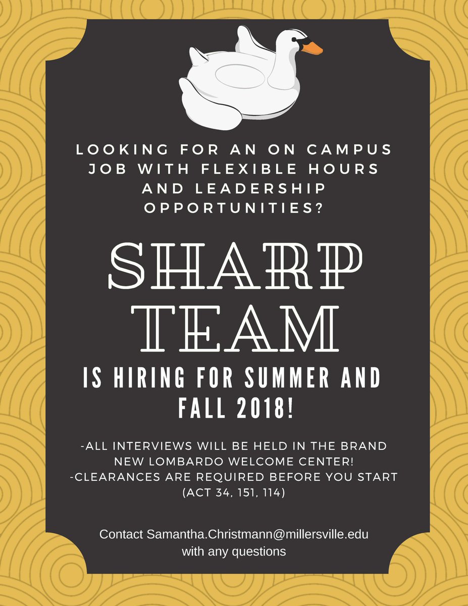 MU SHARP Team (@musharpteam) on Twitter photo Hey everyone! SHARP Team is hiring for Summer and Fall 2018! Use the link signup.com/go/XQOVuUH to sign up for an interview in our BRAND NEW Lombardo Welcome Center! Contact Samantha.Christmann@millersville.edu with any questions! Hey everyone! SHARP Team is hiring for Summer and Fall 2018! Use the link signup.com/go/XQOVuUH to sign up for an interview in our BRAND NEW Lombardo Welcome Center! Contact Samantha.Christmann@millersville.edu with any questions!