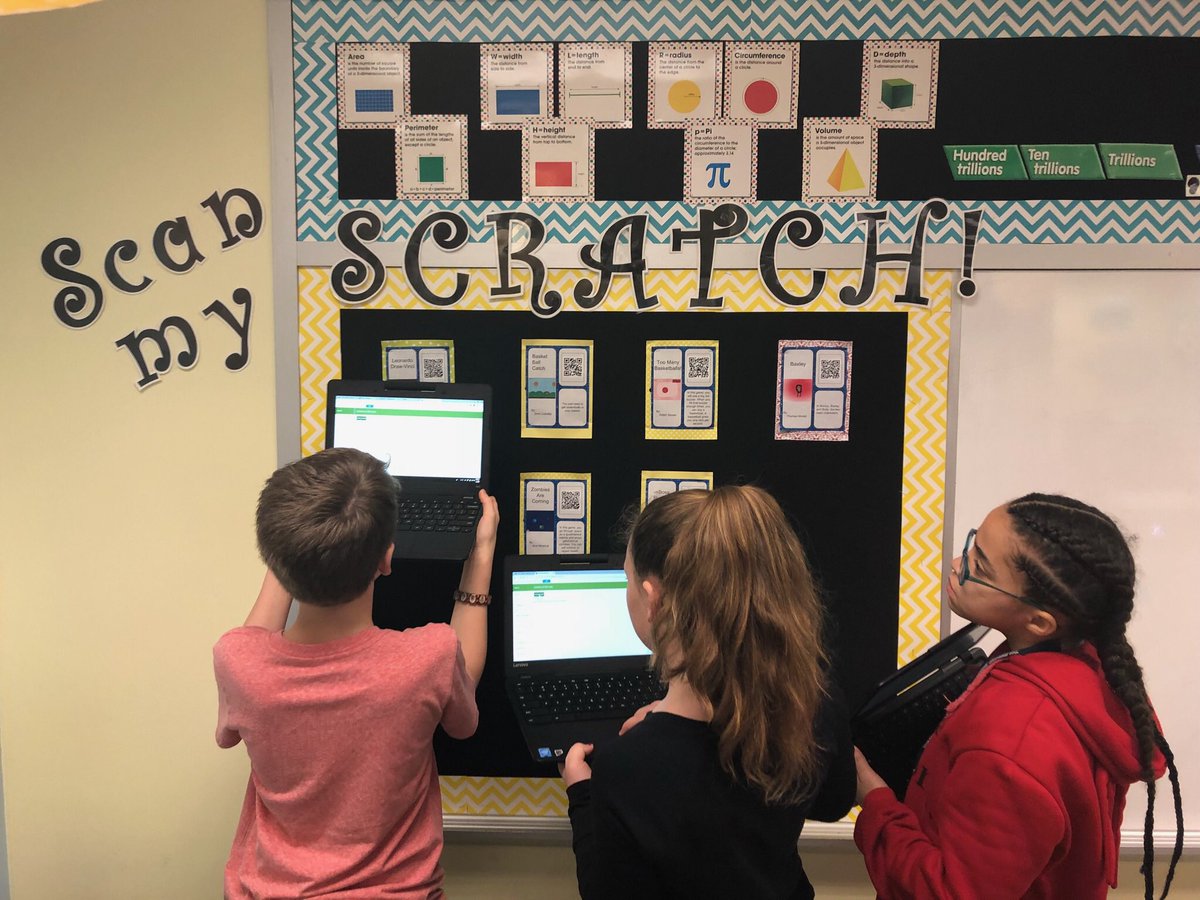 NewCastleAreaSD's tweet photo. Students in @stephkrarup 5th grade math class created their own @scratch creations with notes and added #QRCodes to them so their peers could access and play each other’s games. Thanks for the awesome ideas @TylerSamstag #transformEd @remakelearning @AlleghenyIU3 https://t.co/hY38SPtzSp