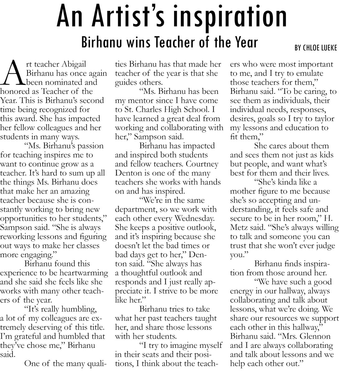 SCHSpublication's tweet photo. Congrats to art teacher Abigail Birhanu for winning SCHS Teacher of the Year. Here are the details. https://t.co/5kifpw6wgd