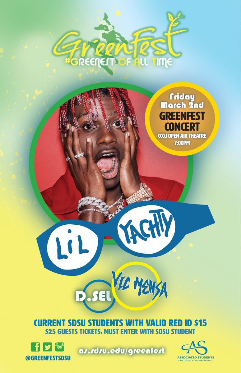 greenfestSDSU's tweet photo. For all you last minute people, GreenFest concert tickets are still on sale!!  Viejas Box Office  is open today from 10-4:30pm! Go get your Lil Yachty, Vic Mensa, and D. Sel tickets!!! This is an experience you won't want to miss out on! https://t.co/Yb3uIRENzk