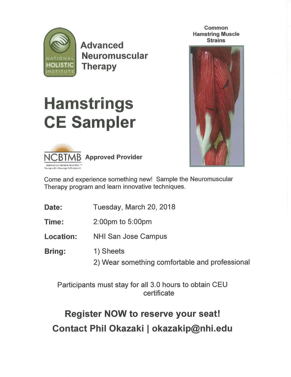 NHIPhil's tweet photo. Want to learn about the #ANMT program at @nhi_massage SJ Campus? We have a #hamstring sampler on 3/20! Join us! #NHILife https://t.co/6QMdiykMDi