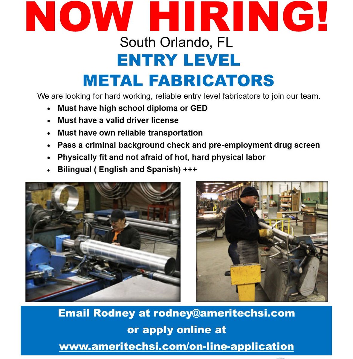 Hiring In South Orlando, FL - Entry Level Metal Fabricators #orlandojobs #jobsinorlando #orlandofl #orlandofloridajobs #workinorlando #makemoney #careers #ameritech_staffing #bringhomethebacon #orlando #orlandoemployment #startyourcareer #skilledtradejobs