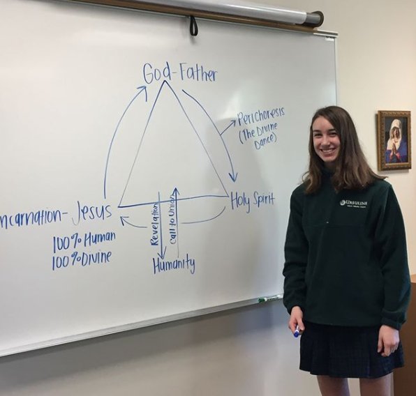 UrsulineLions's tweet photo. Claire getting ready to lead us in prayer and Anna drawing The Trinity Diagram. #DoctrineoftheTrinity #ItsaMystery #ChristianAwareness #ItsMrsWeller #FacultyFriday https://t.co/QxiZUIJdef