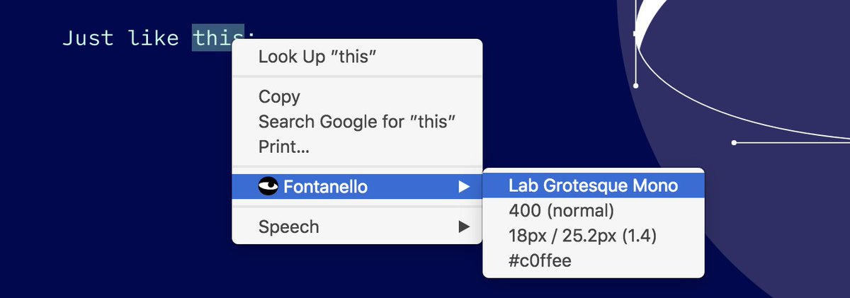 css's tweet image. &quot;Fontanello is a browser extension for Google Chrome and Firefox that lets you display the basic typographic styles of a text by right-clicking it.&quot;

fontanello.oktavilla.se