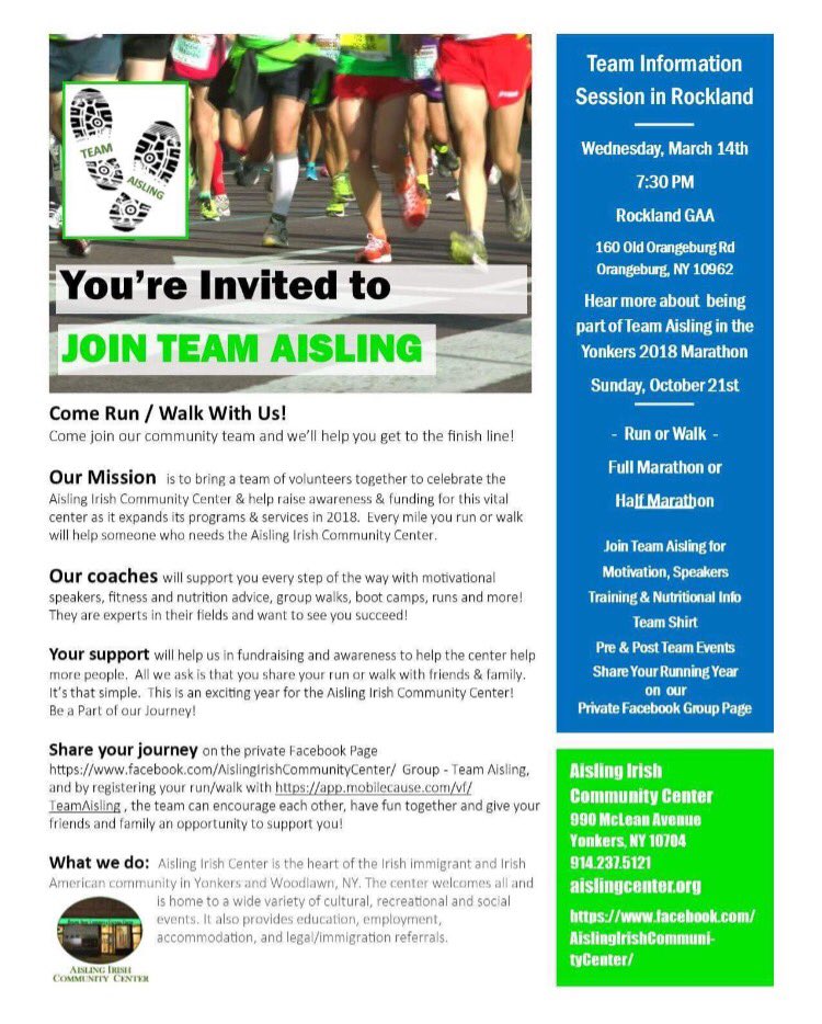 RocklandGAA's tweet photo. Join us on Wed March 14th @ 7.30pm for our @Aisling_Irish #TeamAisling Information Evening. Join us and we'll get over the finish line together #EveryoneWelcome #Walk #Run #Fitness #Health #FUN #Friends #Community #RocklandAbú https://t.co/SK33DQUubj https://t.co/hchne4n0hZ