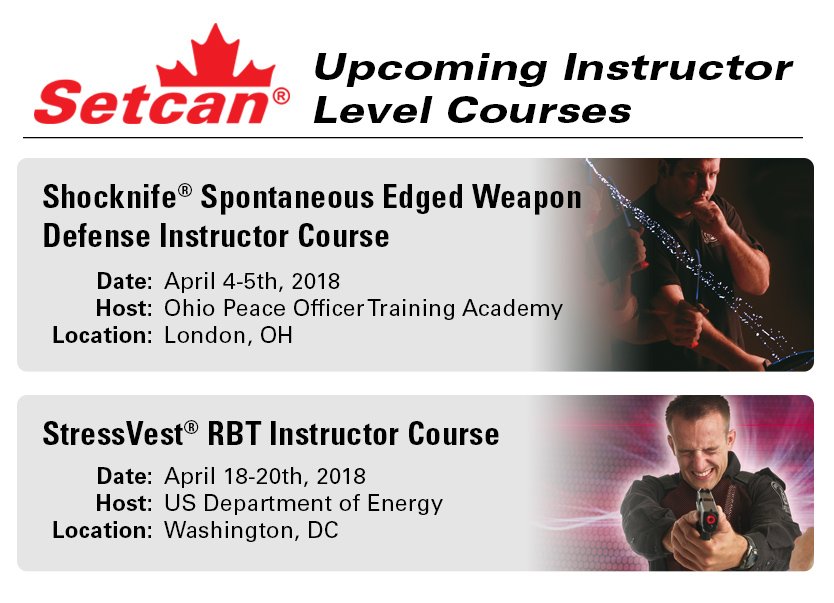 SetcanCorp's tweet image. Instructor level training courses in the U.S. in April - Ohio Peace Officer Training Academy and @ENERGY. See course Calendar for more details: setcan.com/calendar.php  #Shocknife #Stressvest #RealityBasedTraining