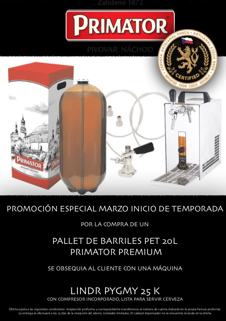 Primator_ES's tweet photo. Oferta especial inicio de temporada. Unidades limitadas. Consigue tu LINDR 25/K y disfruta de nuestra Primator Premium en barril PET de 20 litros. https://t.co/hmOj9tL0OU
