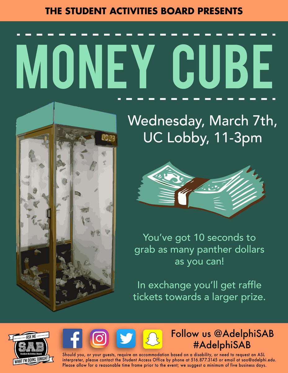 AdelphiSAB's tweet image. We&apos;re making it rain on Wed. March 7th in the UC Lobby with this Money Cube event! 💎💰💲 #AdelphiSAB