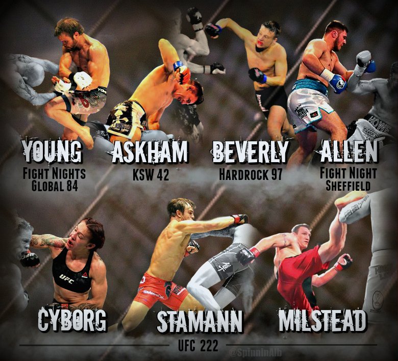 SpinninAlb's tweet photo. HUGE wkend of fights. S/O...
Young #FNG84 @fngmma
Askham #KSW42
Allen @davethewhiter1 #ThomasAllen #BrookRabchenko
Beverly #KenBeverly #HardrockMMA97
Cyborg, Stamann, Milstead #UFC222
#topfighters 👊 https://t.co/KTLweuze5O