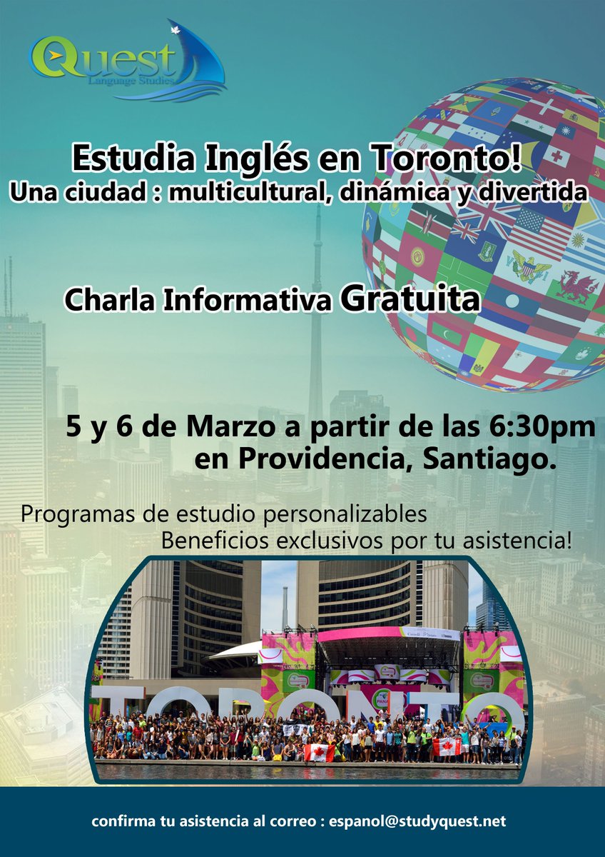 studyquestamsur's tweet image. Hey!! Amigos en Santiago!! Tienen dudas sobre nuestros programas? Sobre la vida en Toronto etc? Confirmame via email si gustas asistir a una charla casual al respecto!  #Chile #SantiagodeChile #studyquest #international #studyabroad #estudiaingles #estudiaquest #Toronto