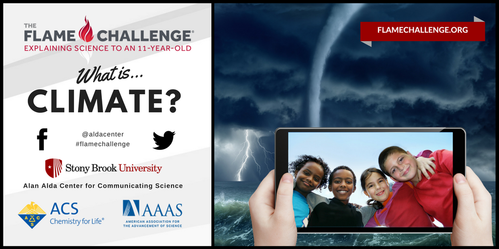 AldaCenter's tweet photo. Today is the last day to submit your entry to the #FlameChallenge!
Our 11-year old judges are asking you to answer the question: #WhatIsClimate?
Winners receive a cash prize and a celebration at World Science Festival with @alanalda !
#climate #noreaster #windmageddon #inquiry https://t.co/OMVNB5oOpd