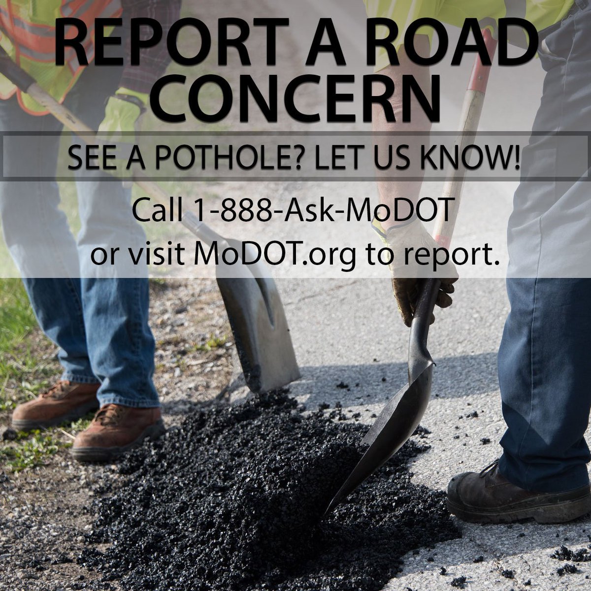 MoDOT's tweet image. See a pothole on your commute? Our crews are on Pothole Patrol, so let us know where to send them! Report a location on the phone or online:

Phone: 1-888-Ask-MoDOT

Desktop: modot.org/asp/repair.htm

Mobile: modot.org/roadconcern
