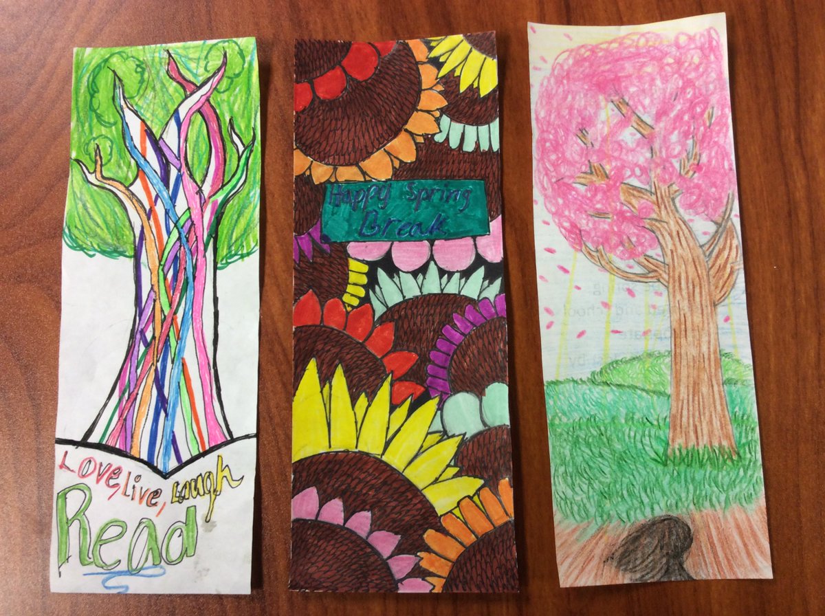 BBGlibrarian's tweet photo. Brandenburg students are so talented. These are the top 7 in our Design a Bookmark contest. The winner will be announced on Monday. #GISDlibraries #bookmarkdesigns @CCBMS_Braves https://t.co/HU75gFrcHs