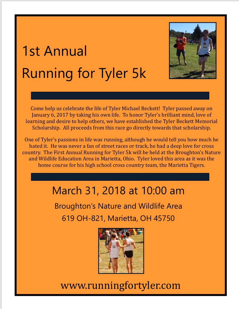 CrossProb's tweet photo. To honor Tyler there has been a 5k / scholarship created in his name

The first annual 'Running for Tyler 5k' is on March 31 at 10 am

The run will be at Broughton's Nature/Wildlife Area in Marietta, OH

sign up/donate: https://t.co/WyI2HieqTj

more info: https://t.co/hECEVrMQwK https://t.co/pl05ILp1Qr