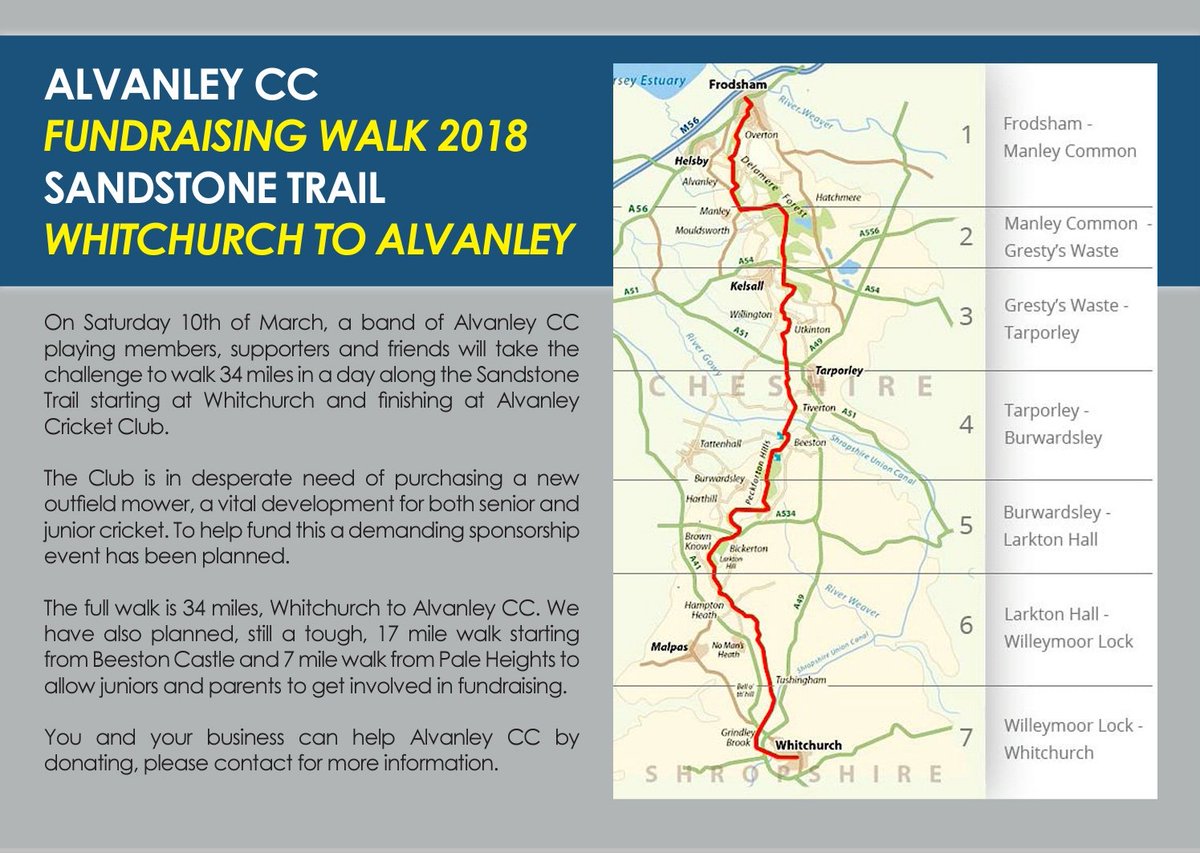 AlvanleyCC's tweet photo. This time next week a band of Alvanley members will be prepping for the ACC Sandstone Trail fundraising walk. The full distance walk starting from Whitchurch early Saturday morning. Keep following as we build up to the big day!

#alvanley #helsby #frodsham
#SandstoneTrail https://t.co/7r4cAPGvQD