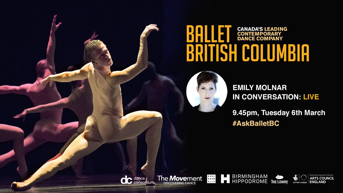 Sadlers_Wells's tweet photo. We're going LIVE! Tune in to our live Q&amp;A with @BalletBC Artistic Director Emily Molnar on Tues 6 Mar at 9.45pm and tweet us your burning questions using #AskBalletBC https://t.co/7pdVvOXHcF https://t.co/ochqcgU7iy