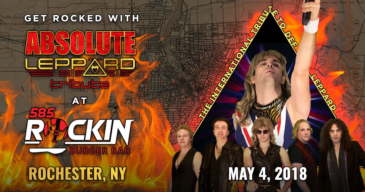 AbsoluteLeppard's tweet photo. First time in #Rochester  #RochesterNY for #AbsoluteLeppardTribute #AbsoluteLeppard #DefLeppardTribute #TributeBand . We're gonna make you rock 'till you drop with timeless classics from 80s and 90s. Come get rocked at 585 Rockin Burger Bar on May 4! https://t.co/E7oz7g397K