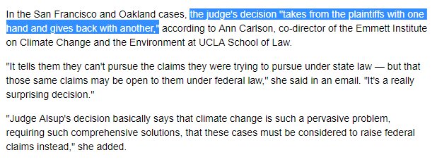 UCLALawEmmett's tweet image. #climateliability update: Judge Alsup in US District Court for Northern District of CA rules against Oakland and SF in their motion to move cases back to state court. 

Ann Carlson @UCLA_Law says "it's a really surprising decision"

@AnneCMulkern reports eenews.net/climatewire/20…