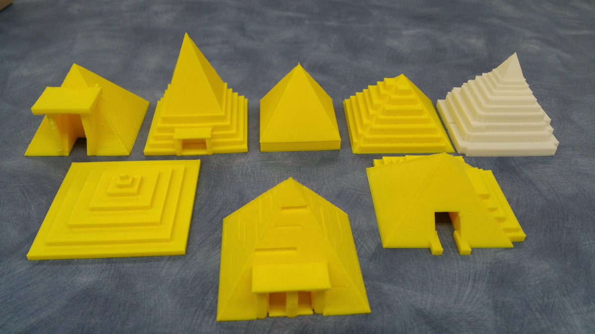 LakeviewLMC's tweet photo. Team 61's Wonders of the Ancient World are complete! Here are all the Great Pyramid's of Giza with the winning design up front. Students designed using @tinkercad and printed on @makergear M2. @SMFSchools @LakeviewLoop#publicschoolshoutout #3Dprinting https://t.co/yGmq5YVg9X