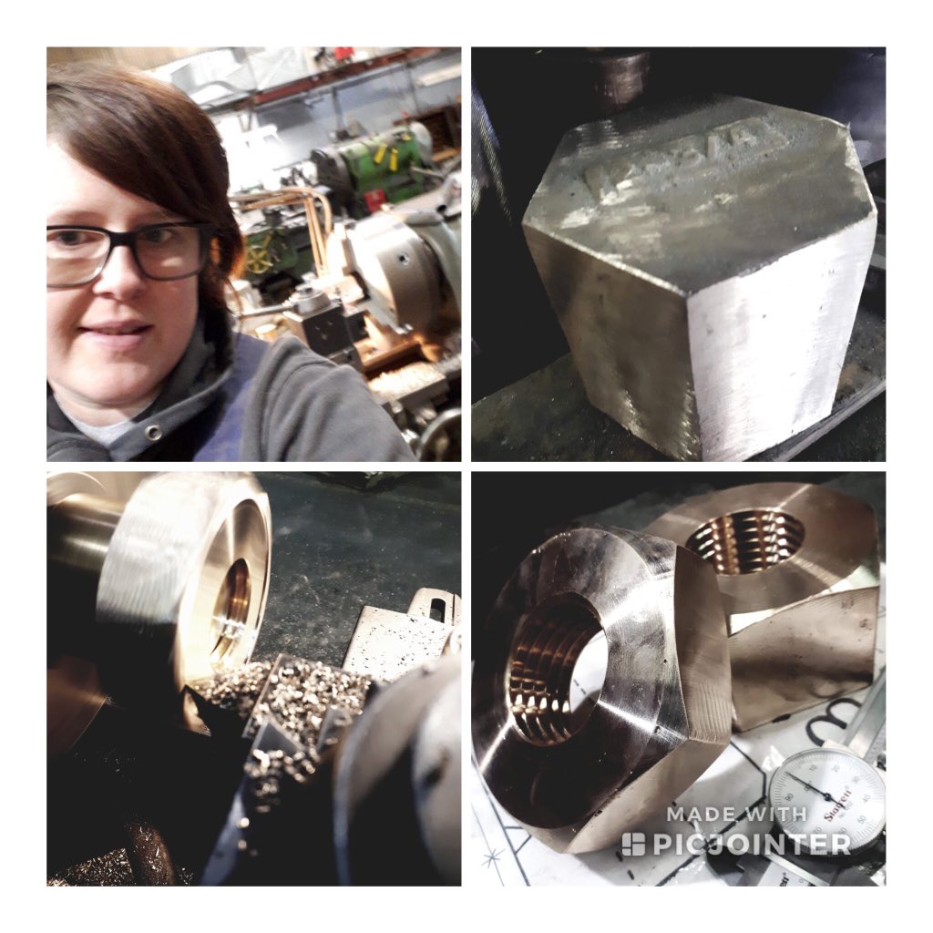 Women Unlimited grad &amp; Machinist Apprentice, Ashley, was busy making magic on her lathe at the Lunenburg Foundry. She started with this solid piece of Hex then machined it into 2, 3" shaft nuts. Fabulous job Ashley! #womenintrades #CountUsIn #boatbuilding #foundry #chicksintrades