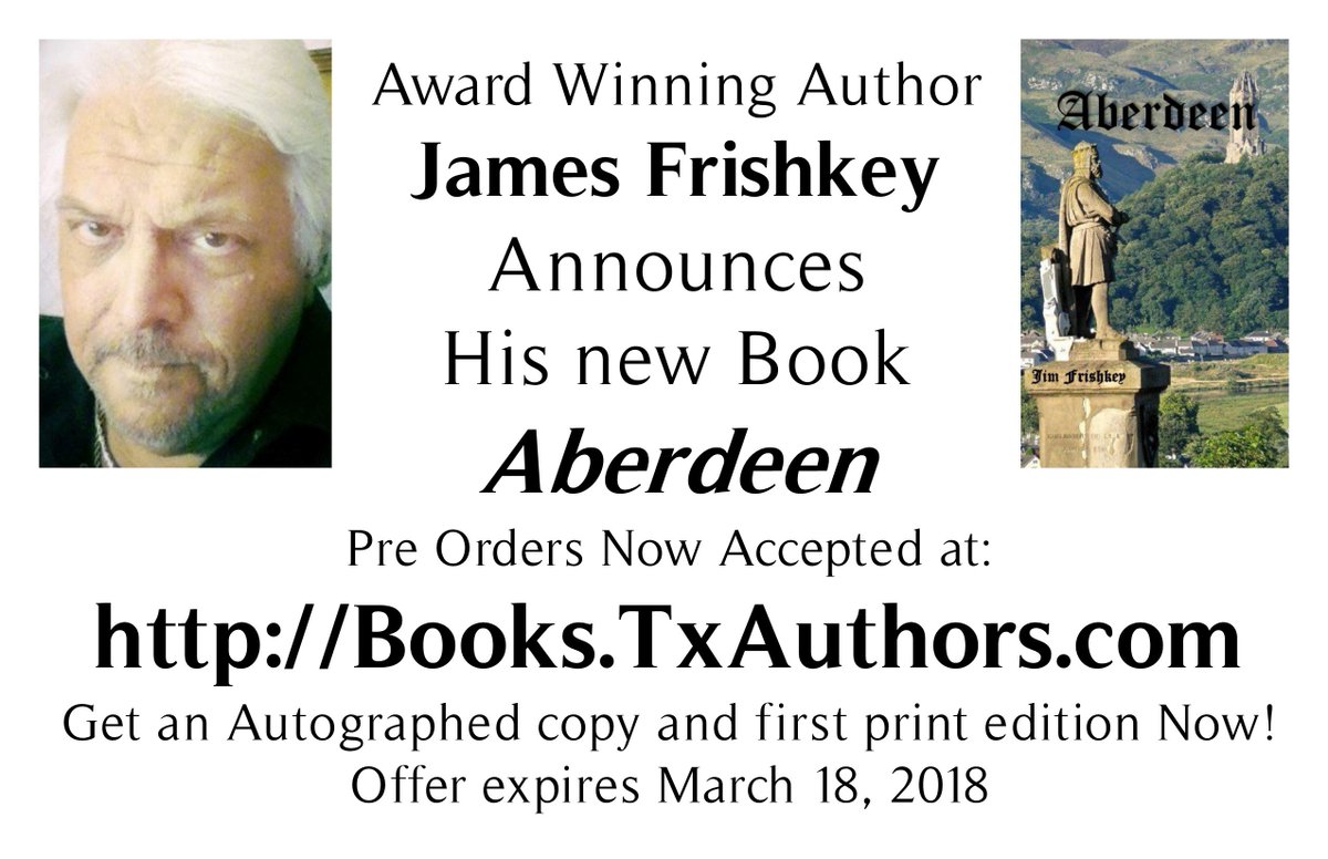 .<a href="/jfrishkey/">James Frishkey</a> Award winning author James Frishkey's new book Aberdeedn now available as a pre order. Get autographed first edition copy here: books.txauthors.com/product-p/jfab… till March 18th. Don't miss out on another great book!