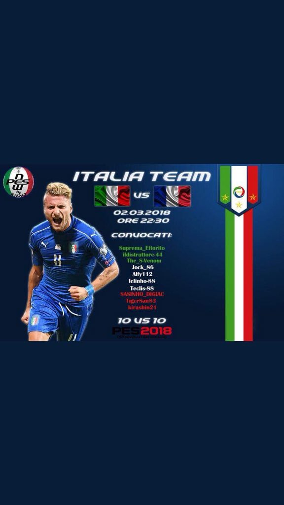 [FRIENDLY GAME] Battle 10VS10 #PES2018 FRANCE 🇫🇷 VS ITALY 🇮🇹 
Tonight 23:15 LIVE on my stream m.twitch.tv/christopherpw