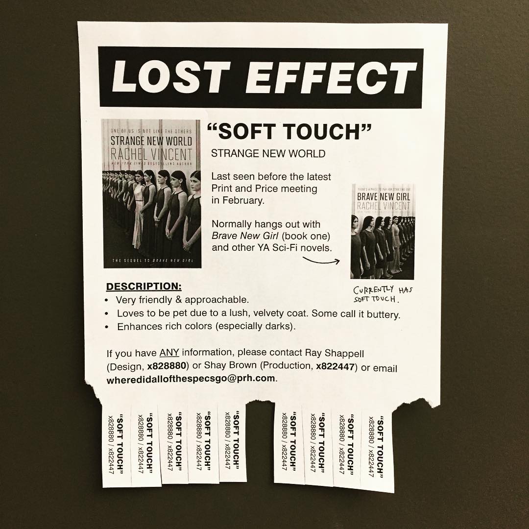 room39b's tweet photo. Designer friends HELP: My soft touch FX is still missing! I started to place flyers around the office today... Please contact me with any updates. Thanks! 😉 #DesignerProblems #BookDesignProblems #tgif #itsfriday https://t.co/1MG97gnlSE