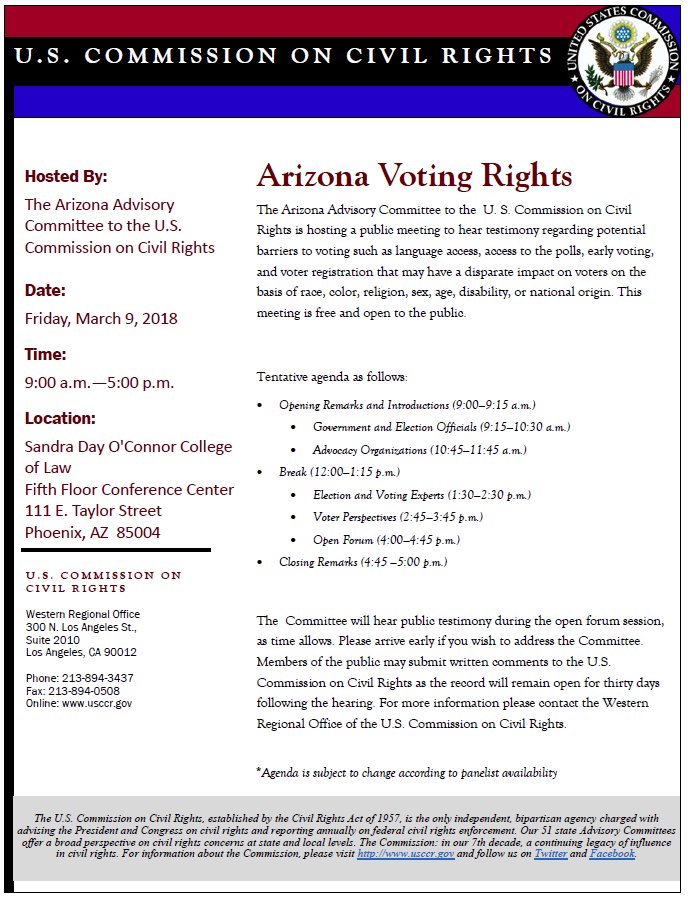 AzDDPC's tweet photo. On March 9th, there will be a public forum to hear testimony over potential barriers to voting in Arizona @ Sandra Day O’Conner College of Law. https://t.co/rsBU5tMYNB