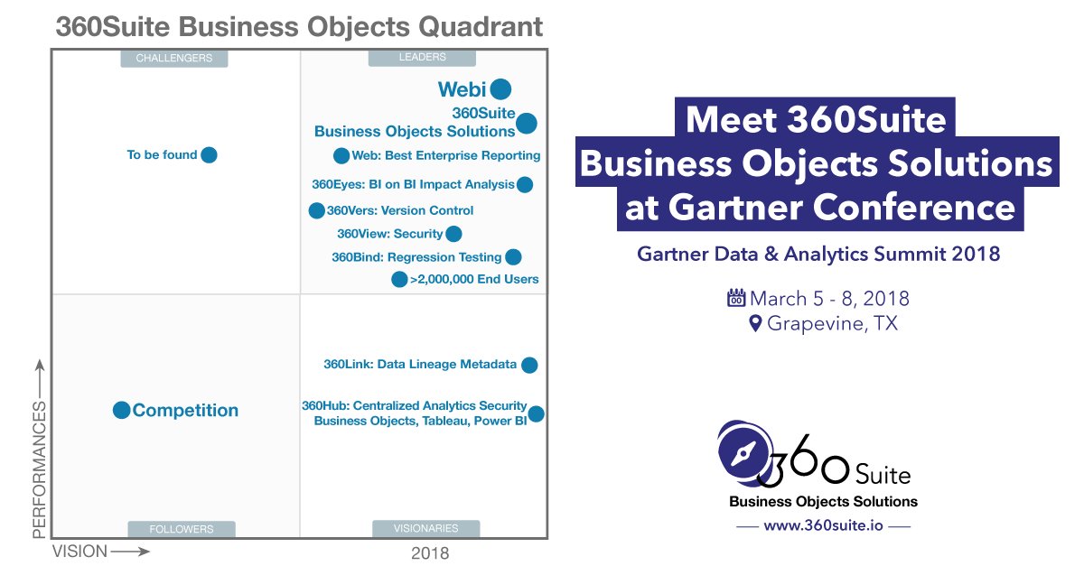 360Suite's tweet photo. Heading to TX for #GartnerDA? Meet @360Suite_Bruno next week to discuss @360suite roadmap &amp; MQ 😀, #360Hub, @SAPAnalytics news and more! #UsersLoveWebi #360Suite solutions for #BusinessObjects on prem &amp; hybrid deployments https://t.co/j3Xdw2gel9