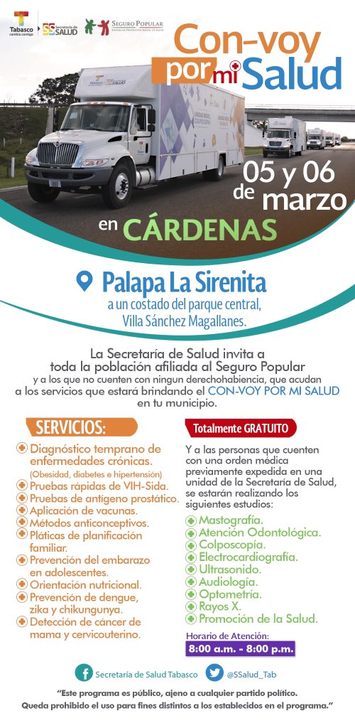 SSalud_Tab's tweet photo. @Michsoberans @Gobierno_Tab @Rfcernaleeder @FHERMED @OlgaPinaG @TrascendioCom @cgallardo2015 @ChuySibillaO @jchable09 @jadedios @OjoVisor_62 @columnacayuco Buenas tardes estará el 5 y 6 de marzo en Villa Sanchez Magallanes. https://t.co/5Yh0KAmkaJ