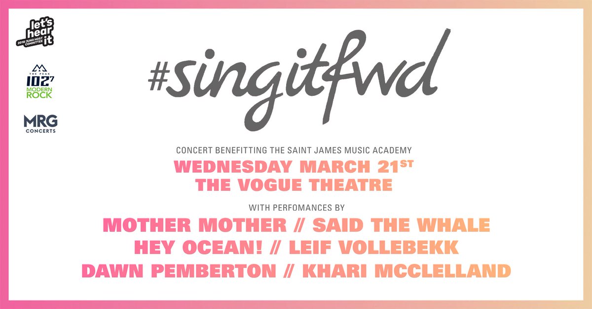 preliminary line up just announced for March 21st at <a href="/VogueTheatre/">Vogue Theatre</a> ! <a href="/mothermother/">Mother Mother</a> <a href="/saidthewhale/">Said The Whale</a> <a href="/leifvollebekk/">Leif Vollebekk</a> <a href="/dawnpemberton/">Dawn Pemberton</a> @kharimclelland ! more names to come, but get your tickets now.. ticketfly.com/event/1641170-…