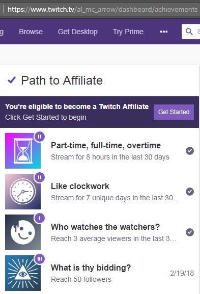 Al_mc_arrow's tweet photo. Good news, evryone! 
Guess who just hit #twitchaffiliate? Thank bruvs for the awesome support you gave me so far! Can't stress enough how much it means.
Will selebrate with a stream soon! Stay tuned this weekend.
@Cin_Sational @ItsDR_ @TheAssfan @Kinky_rider @KilikinaParks https://t.co/SrYih9tG8O