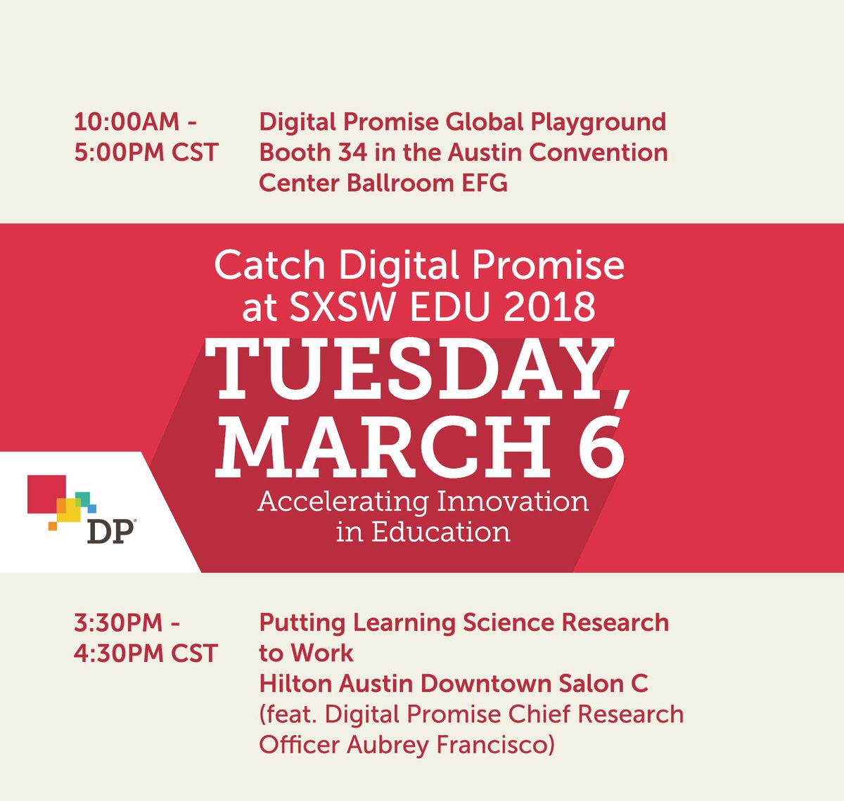 DigitalPromise's tweet photo. We are presenting at @SXSWEDU March 5-7! For details on times and locations, click the images below. #SXSWEDU #DigitalPromiseSXSW https://t.co/pgtt54vI4X
