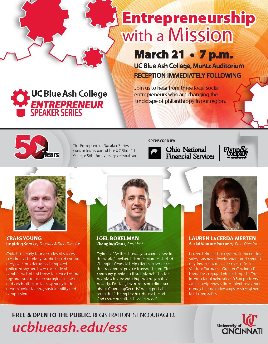 uofcincyEship's tweet photo. Check out this free Entrepreneur Speaker Series at @UCBlueAsh ! #withamission @CincyChngngGrs @InspiringSvc @svpcincinnati @FlywheelSEHub https://t.co/ApsLZmT3K6