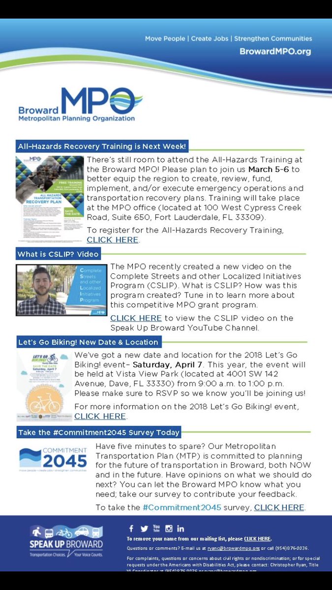 SpeakUp_Broward's tweet photo. Missed yesterday’s Broward #MPOCurrents? Yesterday’s news is just as good today! #AllHazards Training 3/5-6 | What is #CSLIP? Video | #LetsGoBiking! New Date 4/7 | Take the #Commitment2045 Survey Today https://t.co/blSVoL1Kp0