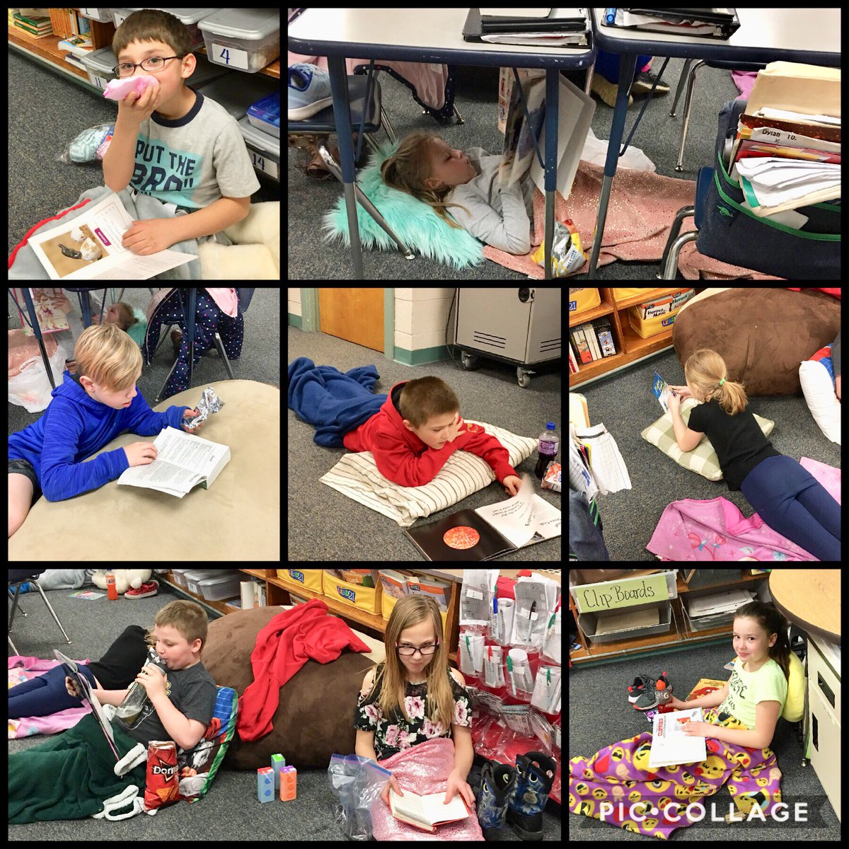 MrsOac's tweet photo. @OacSchool Mrs. Colvin’s class is enjoying our final day of the Read-A-Thon with blankets, pillows, snacks, and drinks!📚😊👍🏼 https://t.co/1rGQ5dyI8T