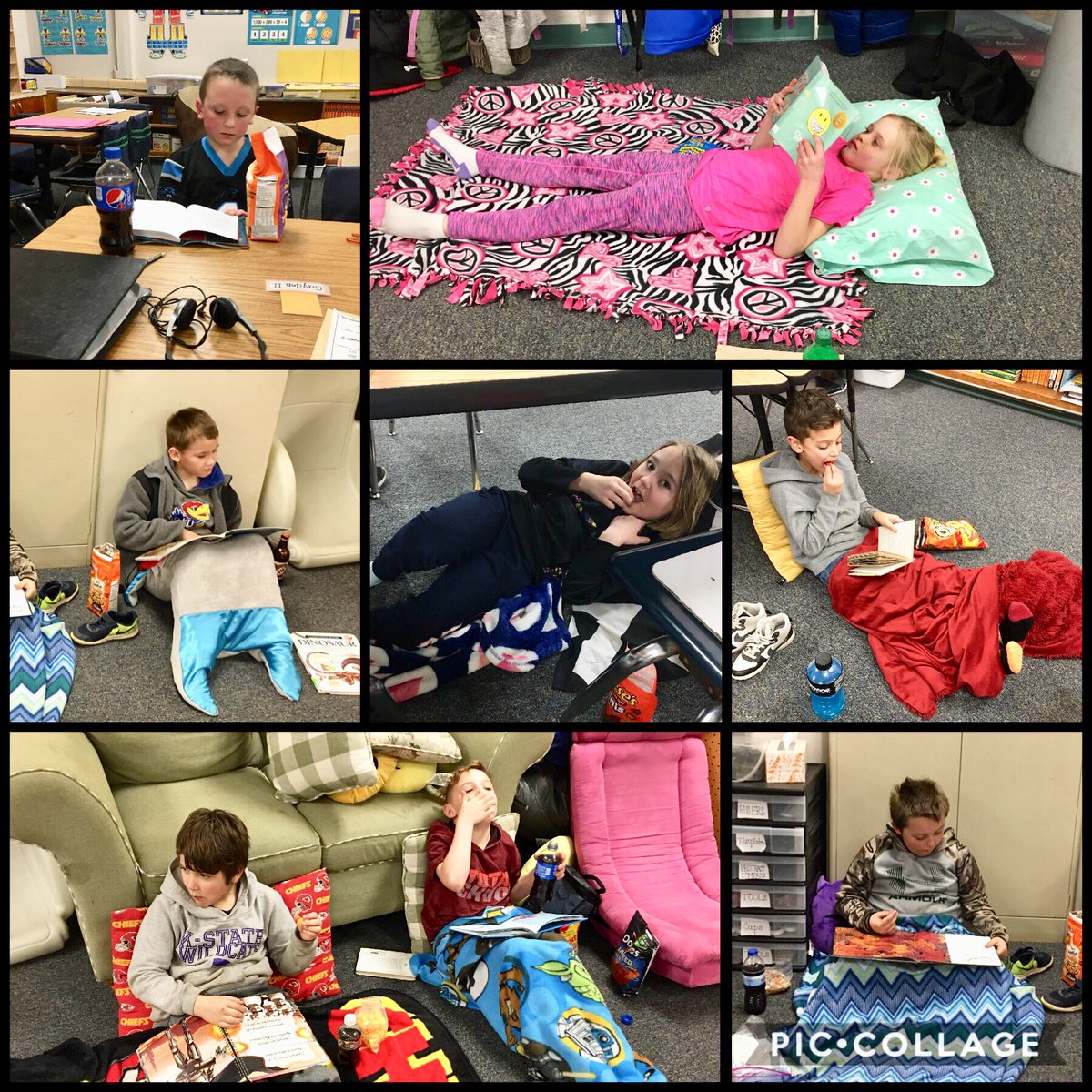 MrsOac's tweet photo. @OacSchool Mrs. Colvin’s class is enjoying our final day of the Read-A-Thon with blankets, pillows, snacks, and drinks!📚😊👍🏼 https://t.co/1rGQ5dyI8T