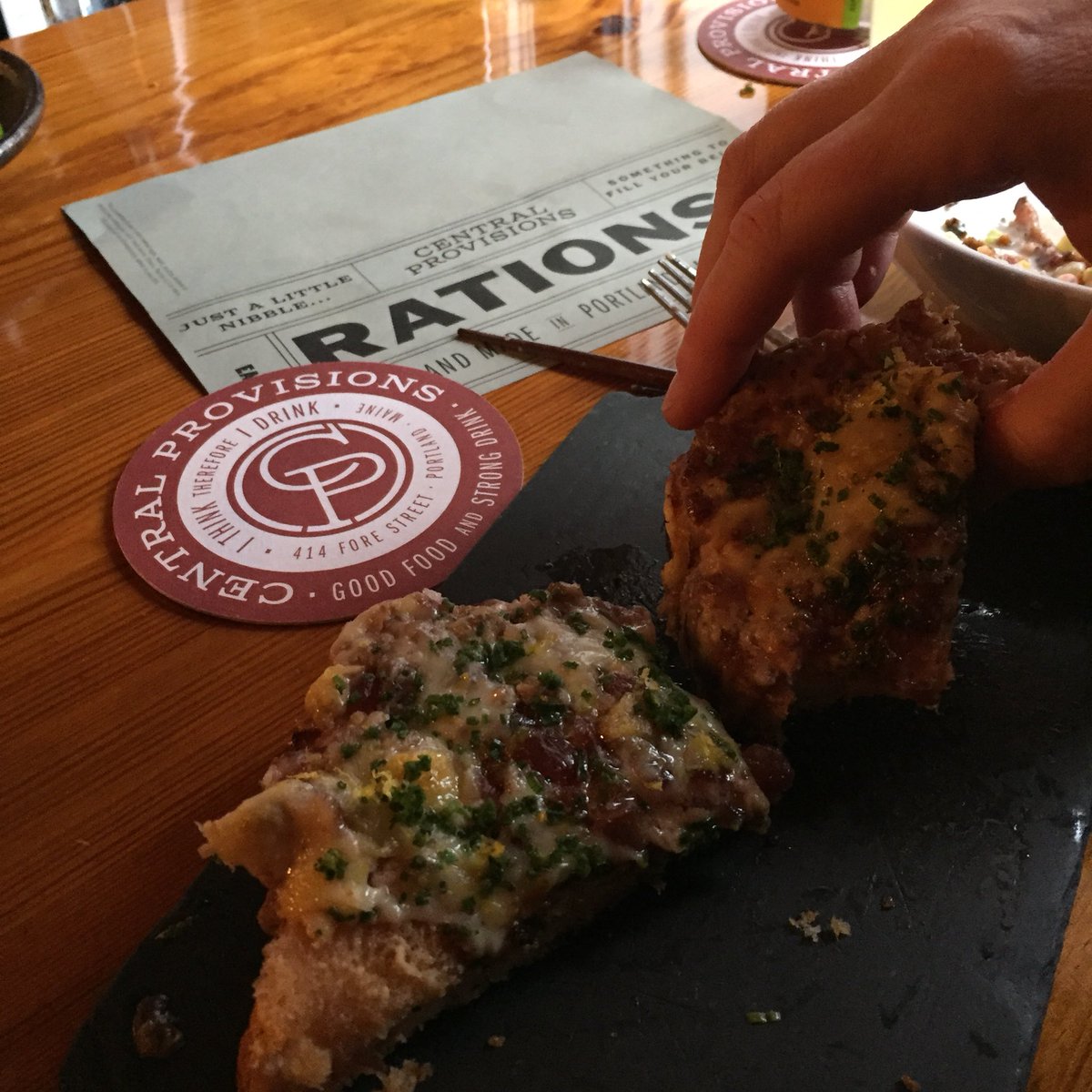 JMR_Oysters's tweet photo. Bone morrow toast (in between  menu is anything but in between) #portlandme @CtralProvisions https://t.co/eLVFj3Y8wT