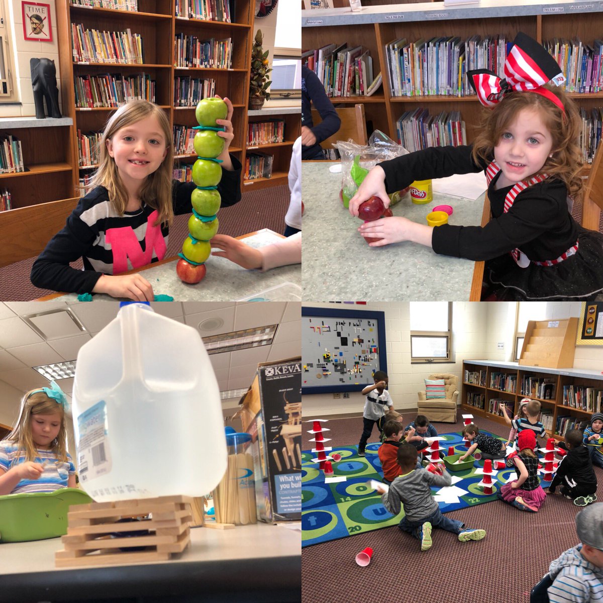 IndyACTaylor's tweet photo. Dr. Seuss STEM stations were a BLAST this week in the @KitleyCougars Media Center. Critical thinking, creativity, collaboration, were just a few of the skills needed!  #wearekitley #makerspace https://t.co/ki1xAOUIf3