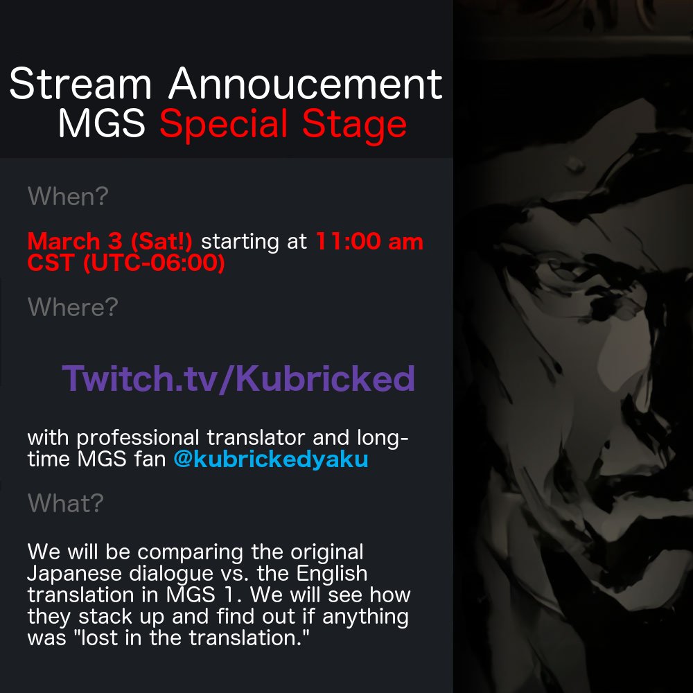 kubrickedyaku's tweet photo. Part 3 of the MGS 1 stream continues tomorrow (Sat!) 11am CST! Hope you can join! @MGSMGN @thesnakesoup @Garcilaso87 @DoggTTV  #MGS #translation https://t.co/fnk2x4J1e0