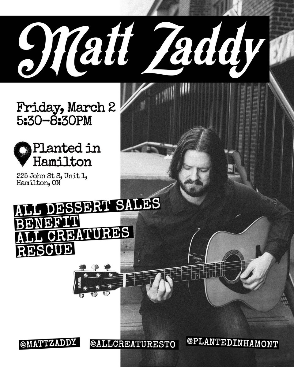 Solo gig today at <a href="/PlantedinHamOnt/">Planted in Hamilton</a> from 530pm-830pm in support of <a href="/AllCreaturesTO/">All Creatures Rescue</a>! Music and food for a good cause in #Hamilton, hope to see you there!

#hamont #HamOntMusic #HamOntMusicReviews