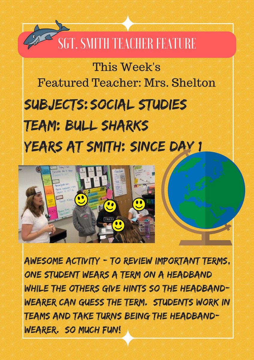 BessDahmash's tweet photo. Here is our second featured teacher of the week, Ms. Shelton! #SmithPride #6thGradeRocks @kleesattelhcps @filmtvteacher @JoAnnJohnson813 https://t.co/D7Mhnbn6xD