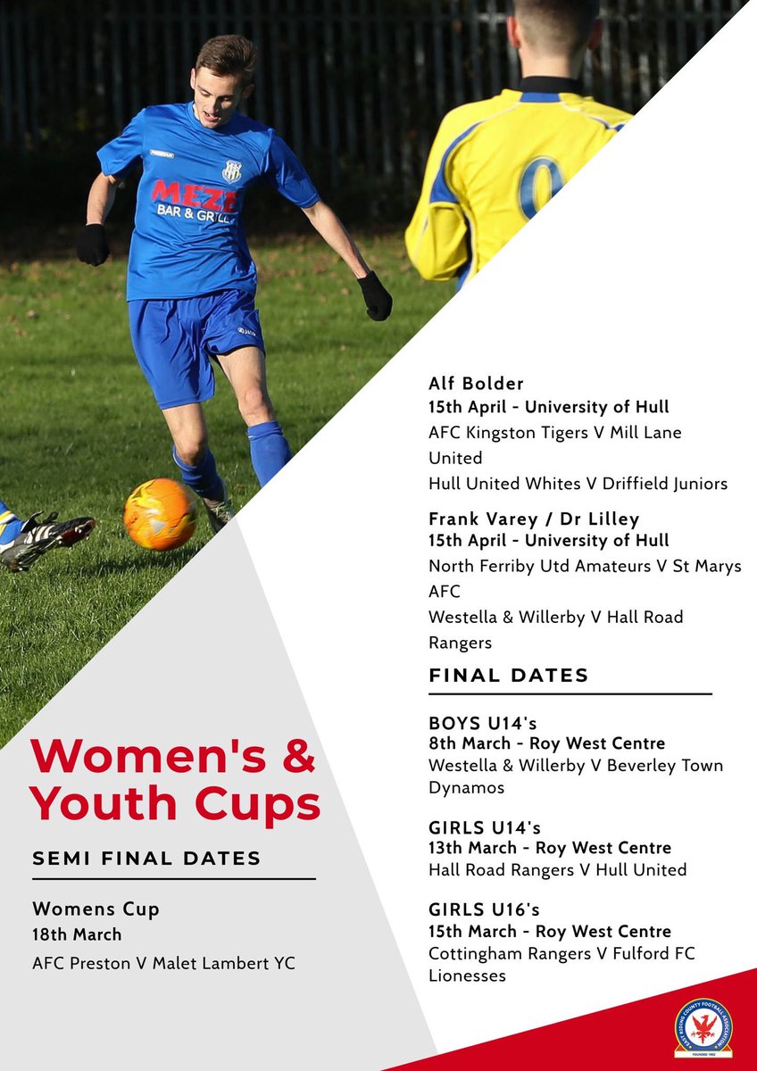 EastRidingFA's tweet photo. ERCFA Menโs, Womenโs and Youth Cup Competion Final / Semi Final dates and venues ๐ https://t.co/xhxTY2LzqJ