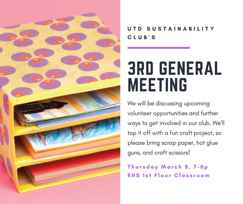 ecoutd's tweet photo. We have 2 more events next week! Our general meeting is on Thursday and we'll be creating practical crafts from recyclable materials, so please bring scrap printing paper and craft tools!

Also a quick reminder that our March White Rock Lake cleanup will be happening on the 10th! https://t.co/3KEr92HPIG