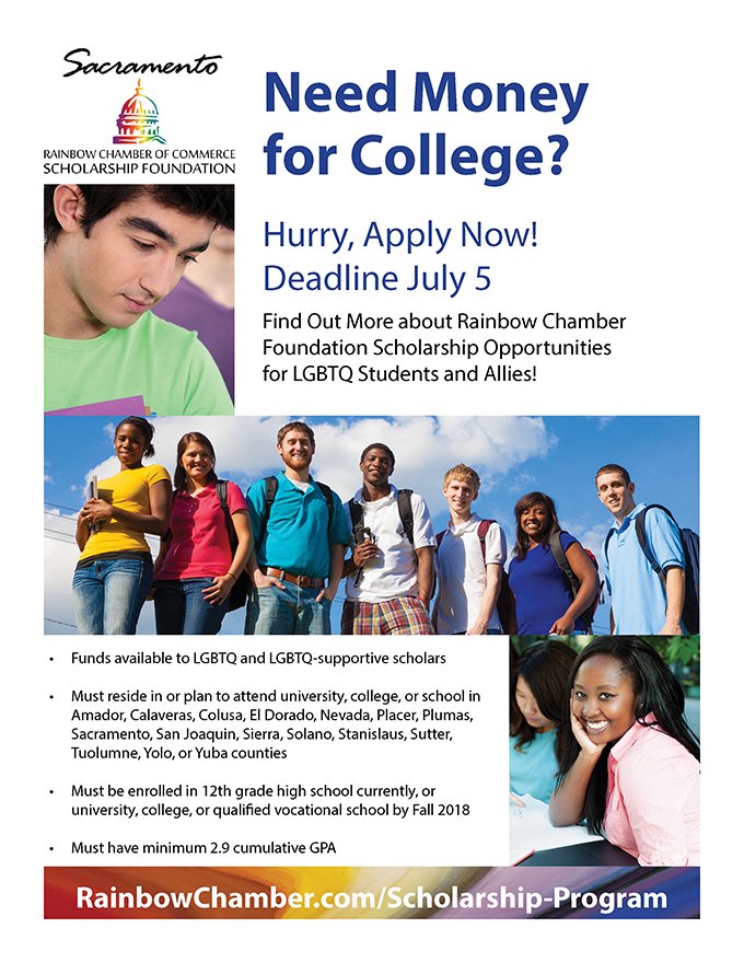 The 2018  <a href="/SacRCFoundation/">SacRCFoundation</a> @rainbowchamberfoundation Scholarship Application is OPEN now! Benefiting #LGBTQ or allied college/vocational students in the Greater Sacramento region. Find out more! rainbowchamber.com/scholarship-pr…