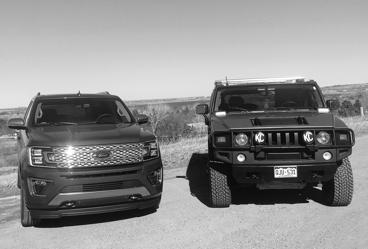 NathanAdlen's tweet photo. One of these SUVs is the best I’ve ever tested in its class - the other one is a #Hummer . Well done @Ford  - video coming soon ! #2018FordExpedition https://t.co/7BoLahPm5A